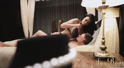 Ponytailed brunette under the bed listening her lesbian lover riding a stiff rod