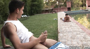 Teen in boxer briefs spies guy jacking off by the pool and joins him for a flirtatious kiss.