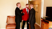 Bearded red gay and his lover both in suits meet a bald dude and get sloppy threesome gay fuck